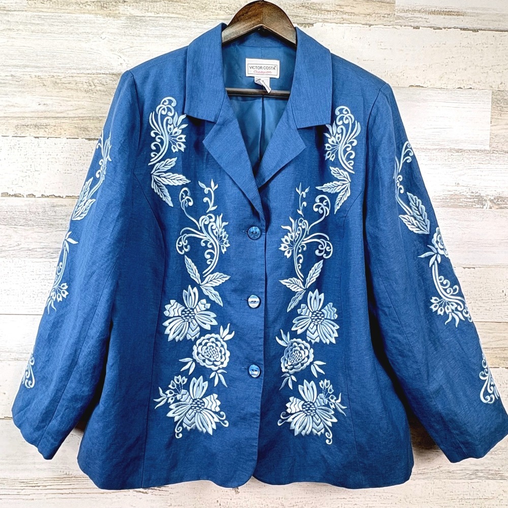 Victor Costa Blazer Womens 1X Blue Embroidered Linen Blend Jacket Cottagecore